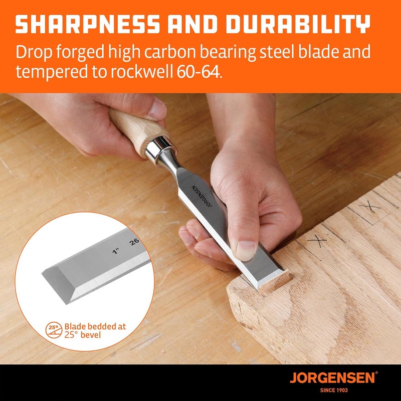 Jorgensen 4-Piece Wood Chisel Set, Chromium Alloy Steel Beveled Edge Wood Chisels, Wood Chisels for Woodworking, Ergonomic Hardwood Handle with Metal Ferrule, 1/4", 1/2", 3/4", 1" - Image 3